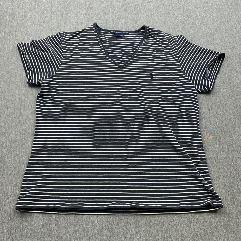 Ralph Lauren Sport Vneck Tshirt Womens Large Blue White Striped Stretch